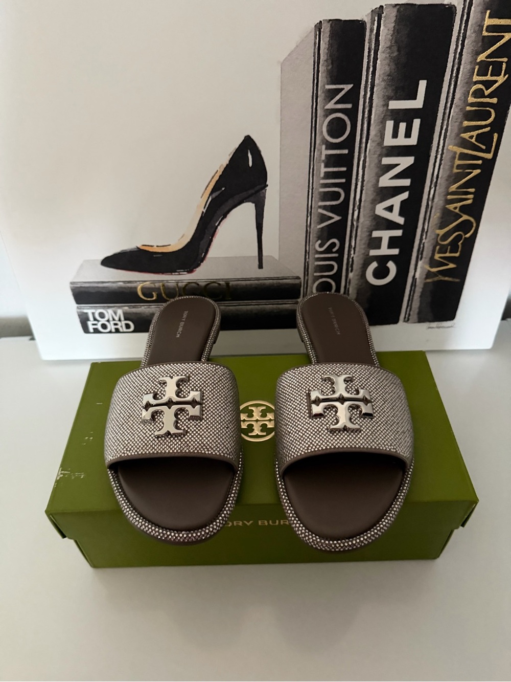 Tory Burch Silver Glitter Logo Slide Mules